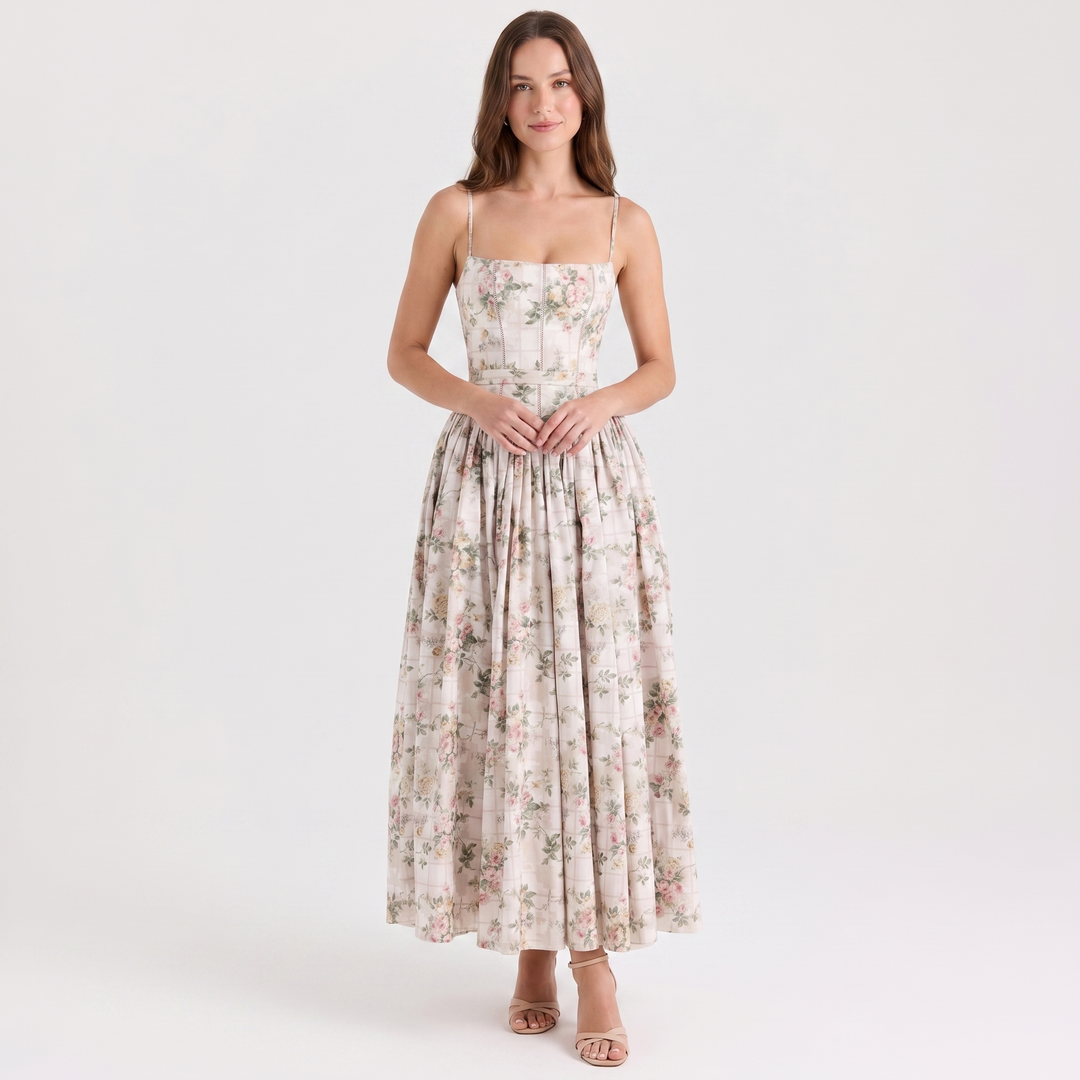 Women's Corset Bodice Maxi Dress Spaghetti Strap Full Skirt A-Line Sundress