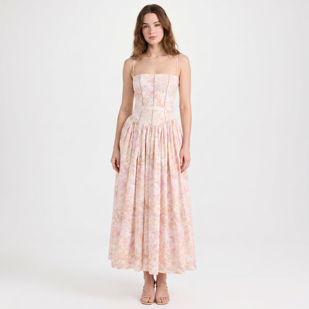 Women's Corset Bodice Maxi Dress Spaghetti Strap Full Skirt A-Line Sundress