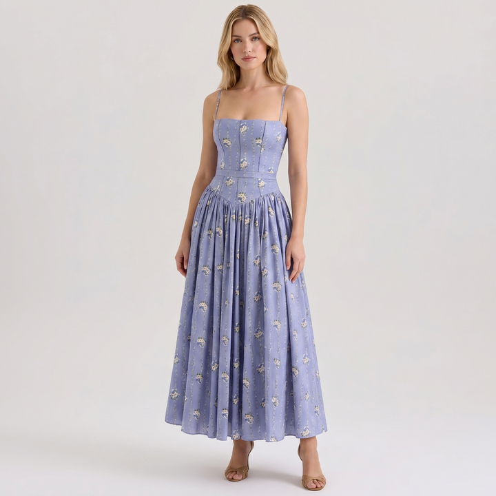 Women's Corset Bodice Maxi Dress Spaghetti Strap Full Skirt A-Line Sundress