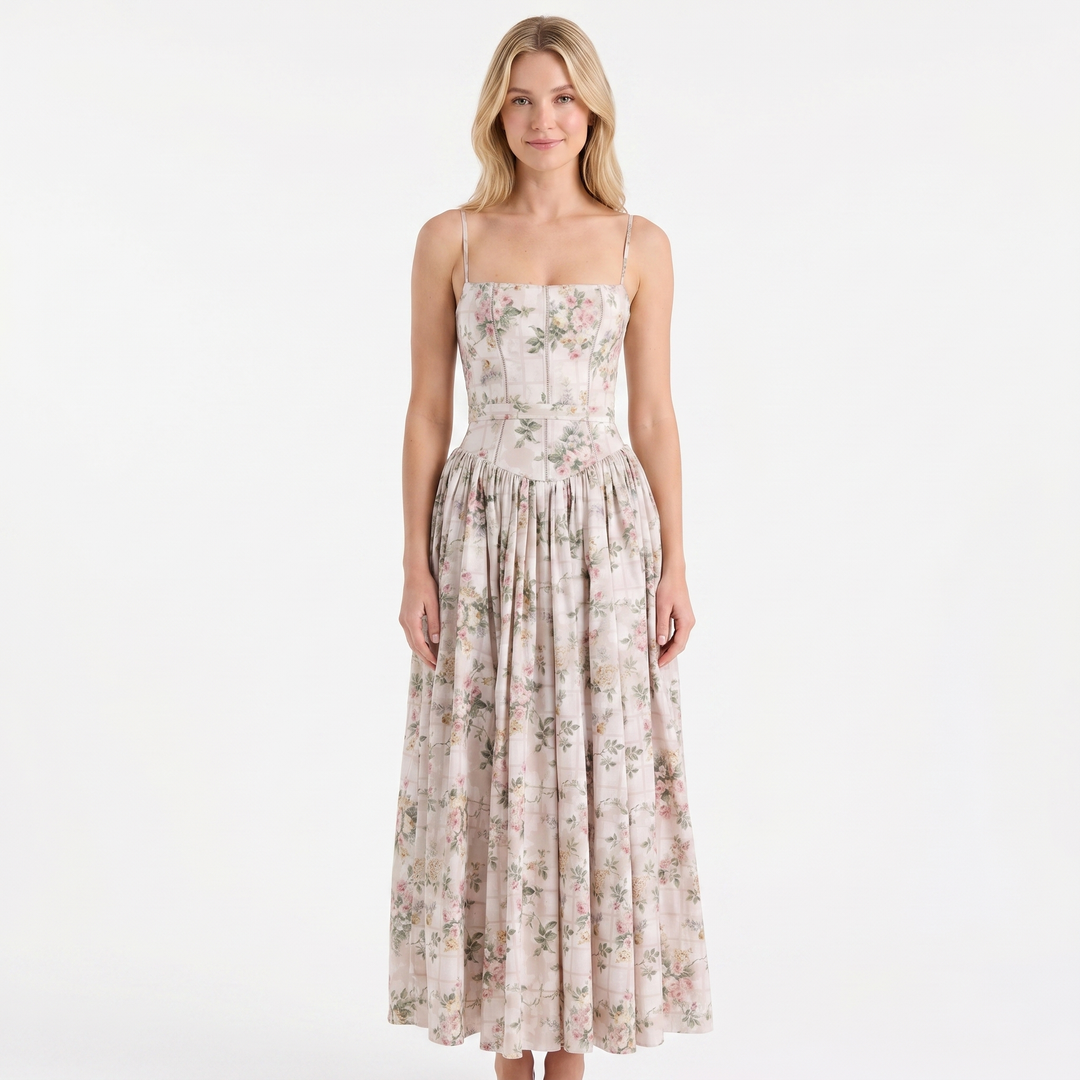 Women's Corset Bodice Maxi Dress Spaghetti Strap Full Skirt A-Line Sundress