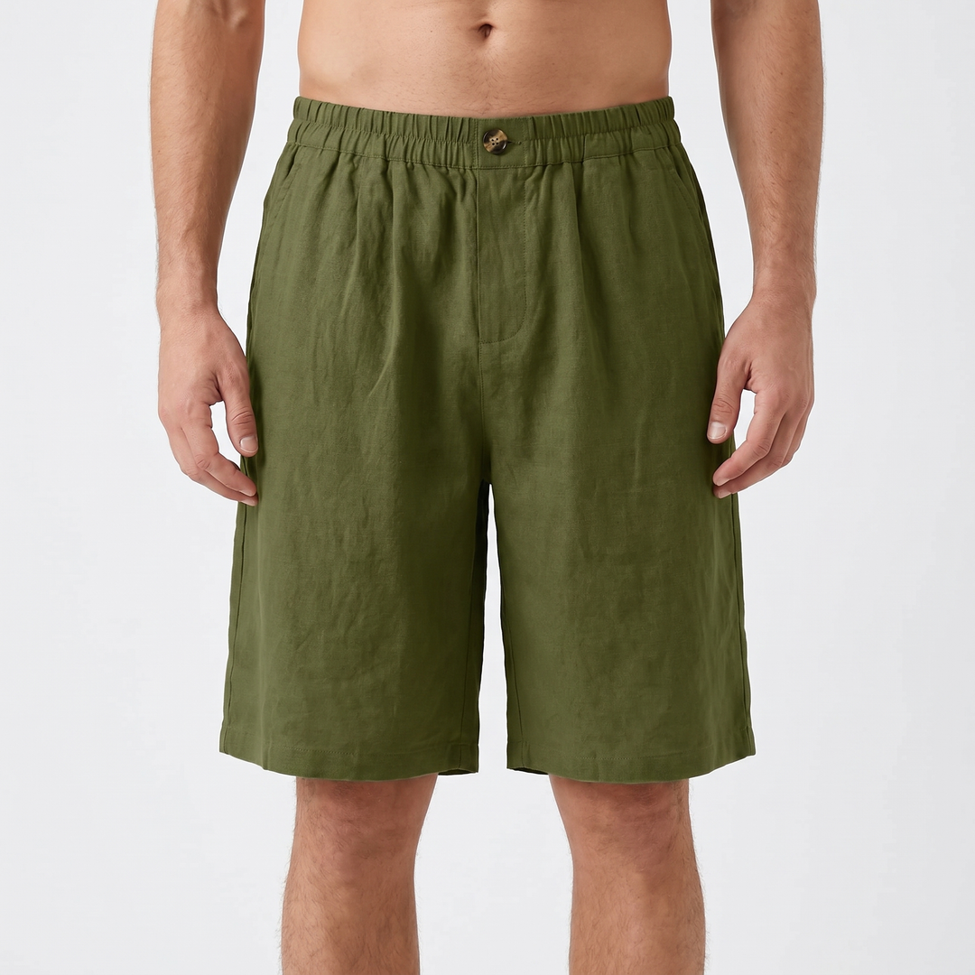 Men's Linen Shorts Elastic Waist Pleated Casual Summer Beach Shorts