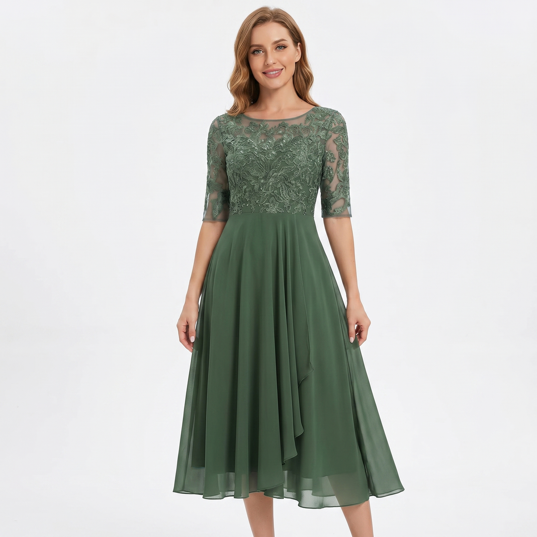 Women's Lace Bodice Chiffon Midi Dress Half Sleeve A-Line Mother of the Bride