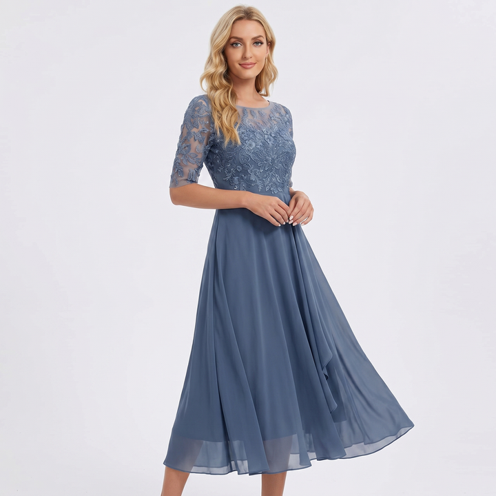 Women's Lace Bodice Chiffon Midi Dress Half Sleeve A-Line Mother of the Bride