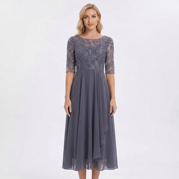 Women's Lace Bodice Chiffon Midi Dress Half Sleeve A-Line Mother of the Bride