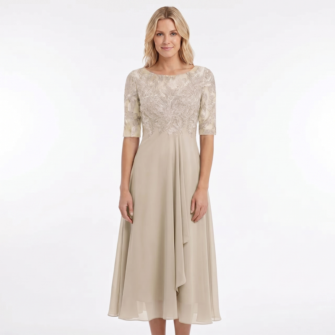 Women's Lace Bodice Chiffon Midi Dress Half Sleeve A-Line Mother of the Bride