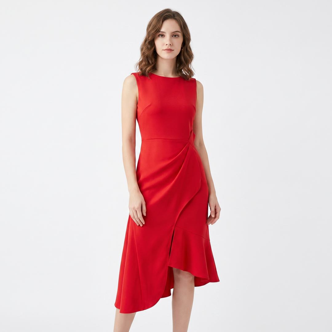 Women's Crepe Midi Dress Sleeveless Ruffle Hem Asymmetric Smart Casual