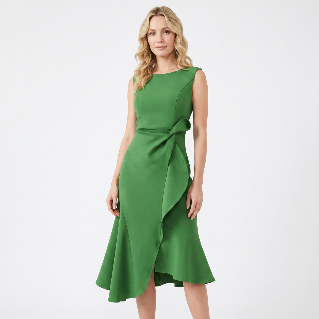Women's Crepe Midi Dress Sleeveless Ruffle Hem Asymmetric Smart Casual