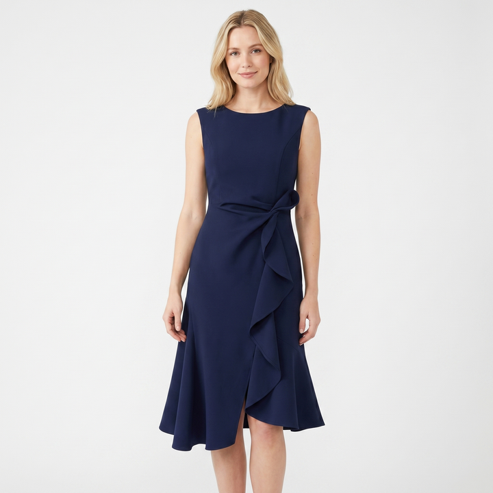 Women's Crepe Midi Dress Sleeveless Ruffle Hem Asymmetric Smart Casual