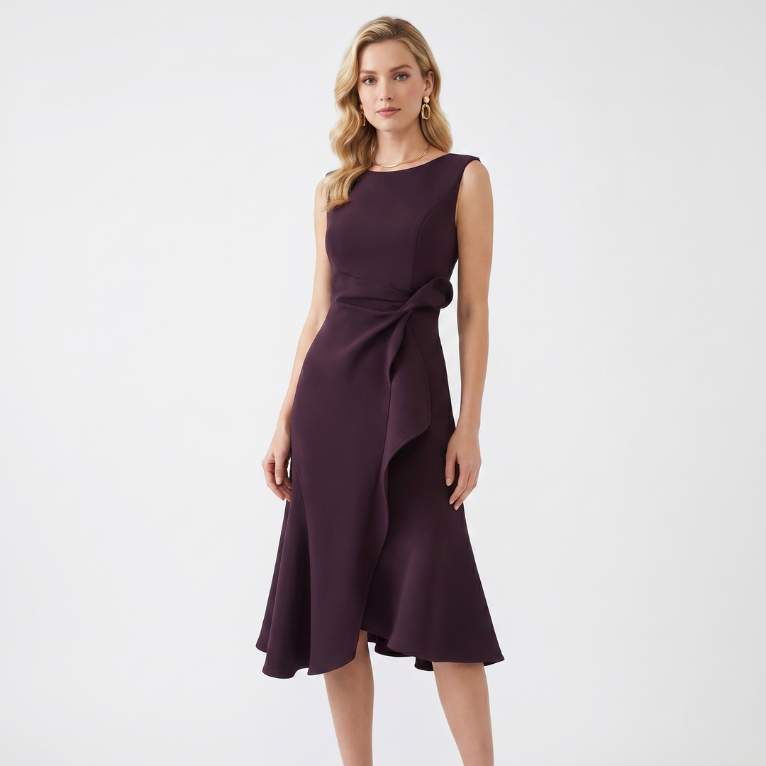 Women's Crepe Midi Dress Sleeveless Ruffle Hem Asymmetric Smart Casual