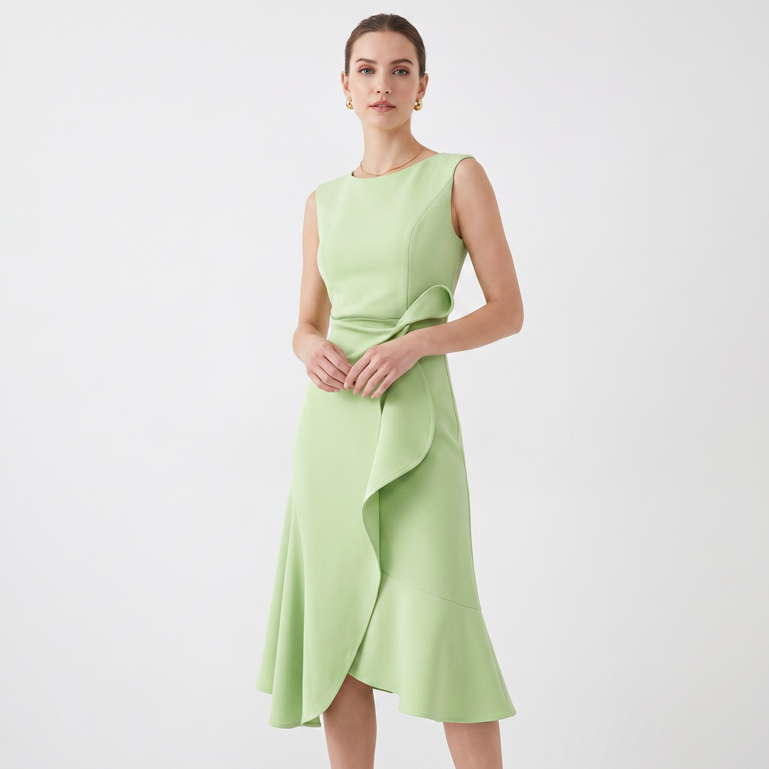 Women's Crepe Midi Dress Sleeveless Ruffle Hem Asymmetric Smart Casual