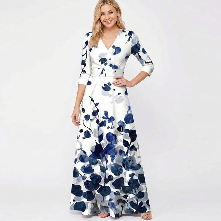 Women's Floral Print Maxi Dress Deep V-Neck Flutter Sleeve A-Line Occasion