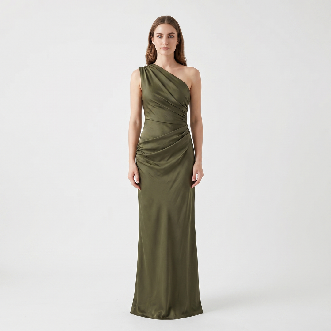 Women's One-Shoulder Satin Maxi Dress Ruched Bodycon Formal Gown