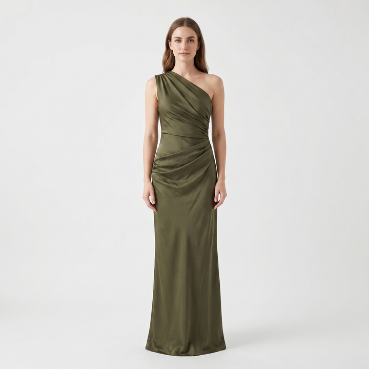Women's One-Shoulder Satin Maxi Dress Ruched Bodycon Formal Gown