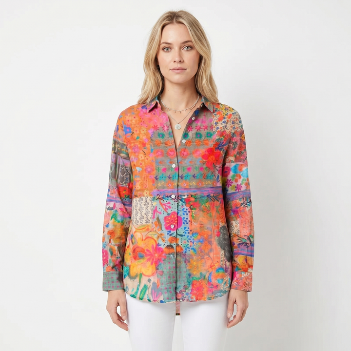 Women's Floral Print Long-Sleeve Button-Down Shirt Casual Loose Blouse