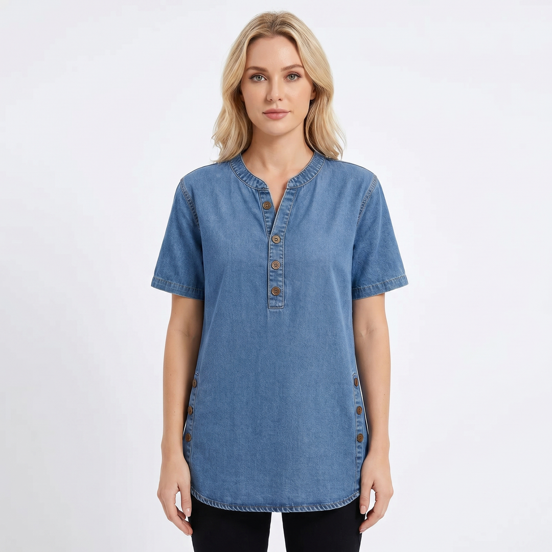 Women's Denim Henley Top Short Sleeve Button-Front Casual Jean Blouse