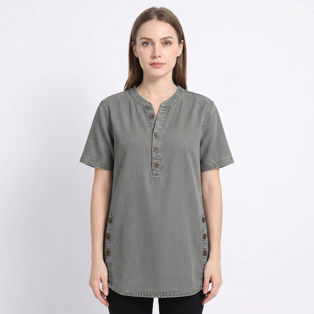 Women's Denim Henley Top Short Sleeve Button-Front Casual Jean Blouse