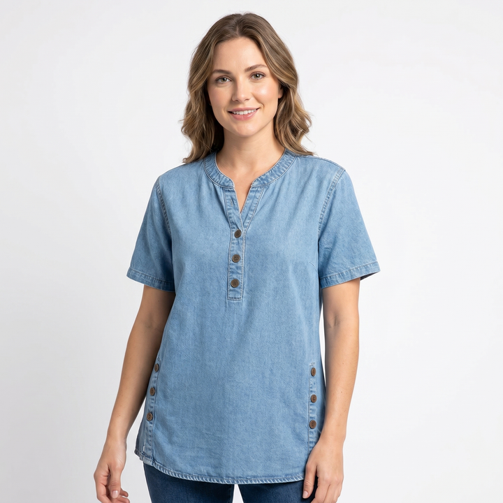 Women's Denim Henley Top Short Sleeve Button-Front Casual Jean Blouse