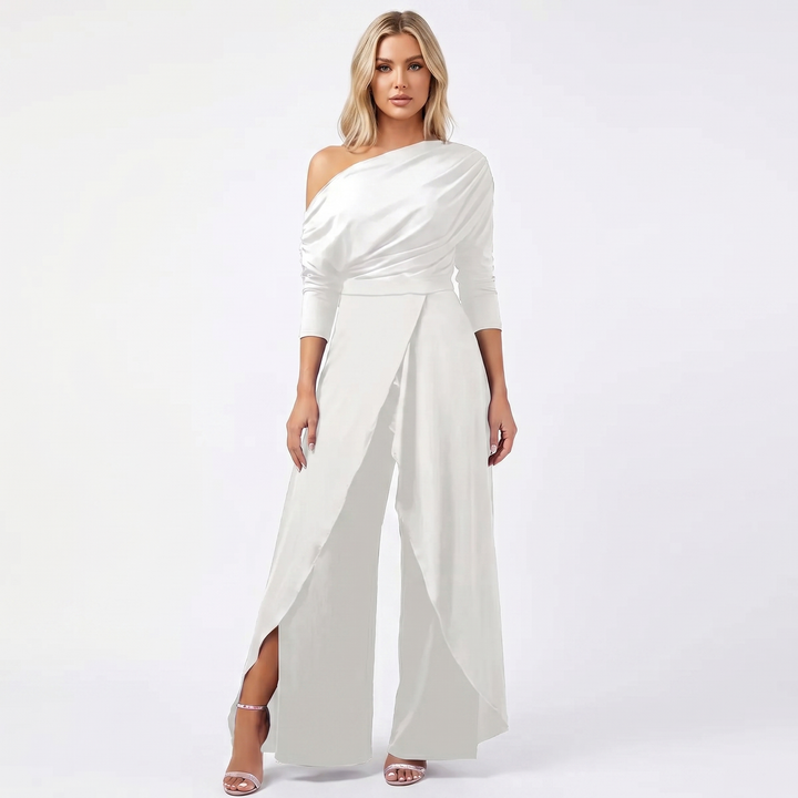 Women's Elegant One-Shoulder Jumpsuit Long Sleeve Wide-Leg Formal Palazzo
