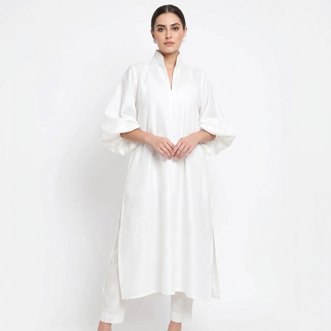 Women's Oversized Puff Sleeve Midi Shirt Dress Stand Collar Elegant Kaftan Dress