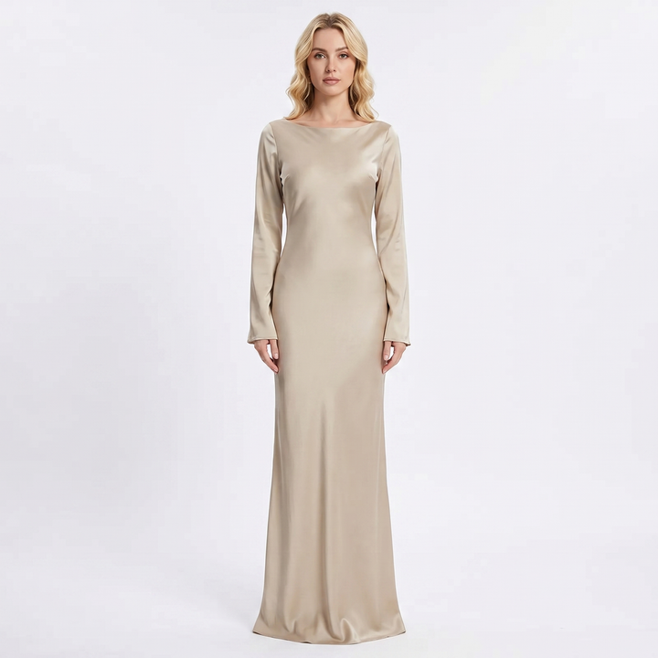Women's Satin Maxi Dress Long Sleeve Scoop Neck Bodycon Formal Slip Gown