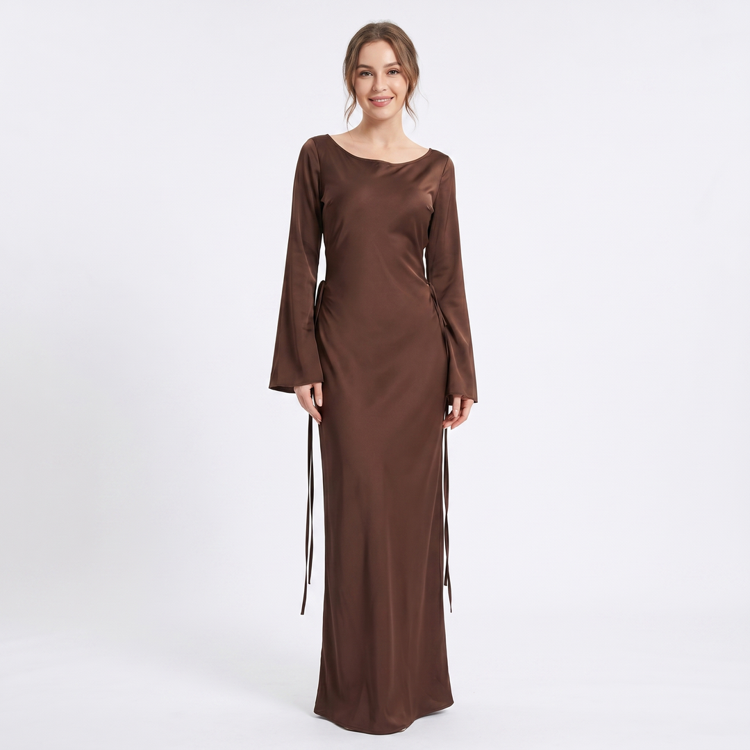 Women's Satin Maxi Dress Long Sleeve Scoop Neck Bodycon Formal Slip Gown