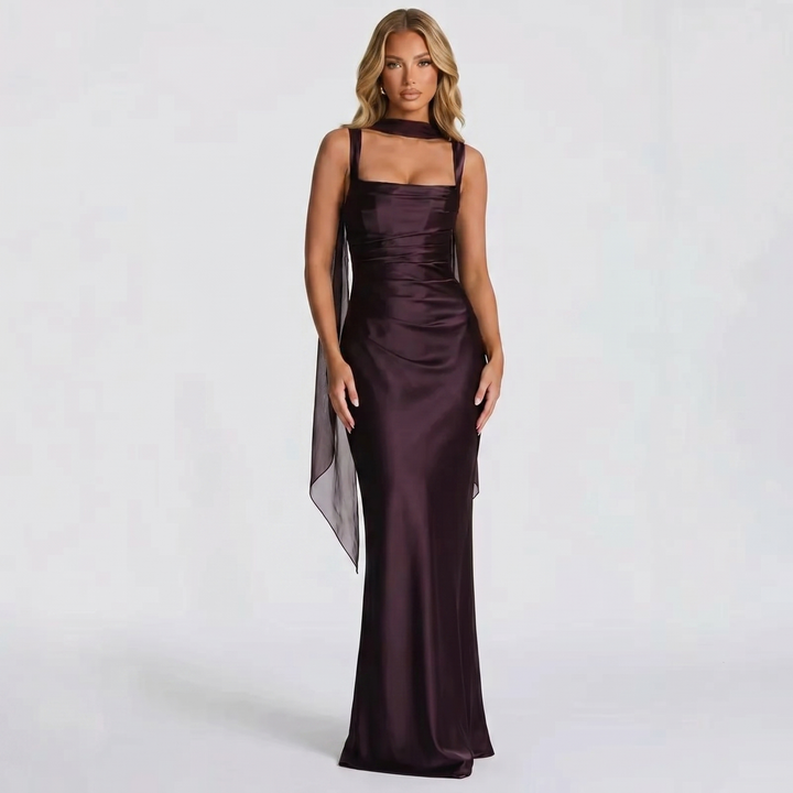 Women's Satin Ruched Maxi Dress Square Neck Sleeveless Tie-Neck Formal Gown
