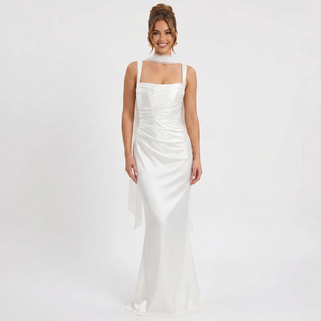 Women's Satin Ruched Maxi Dress Square Neck Sleeveless Tie-Neck Formal Gown