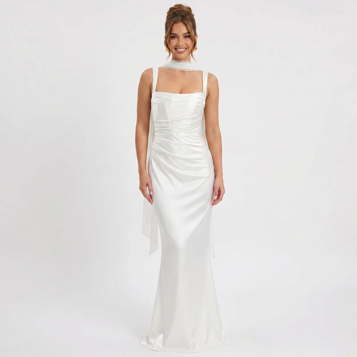 Women's Satin Ruched Maxi Dress Square Neck Sleeveless Tie-Neck Formal Gown