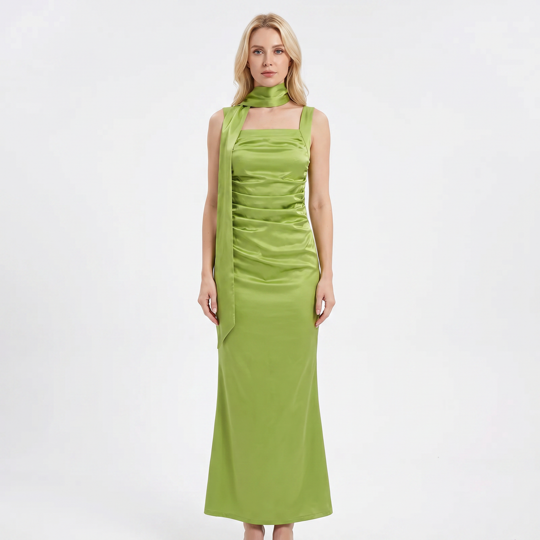Women's Satin Ruched Maxi Dress Square Neck Sleeveless Tie-Neck Formal Gown