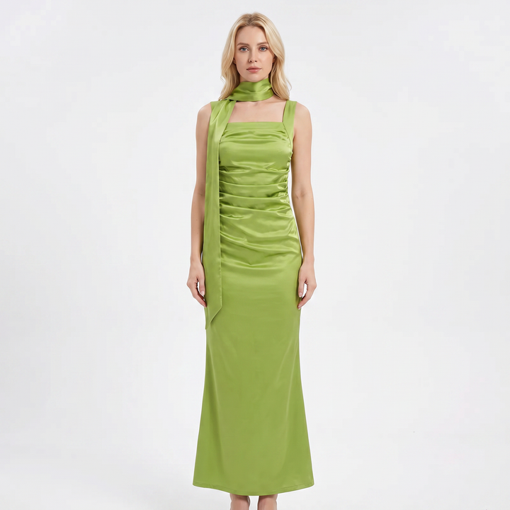 Women's Satin Ruched Maxi Dress Square Neck Sleeveless Tie-Neck Formal Gown