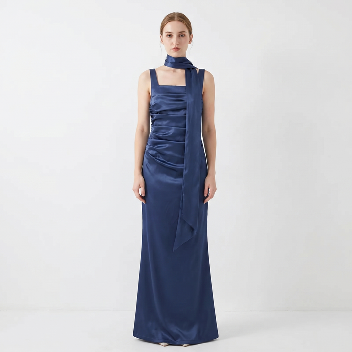 Women's Satin Ruched Maxi Dress Square Neck Sleeveless Tie-Neck Formal Gown