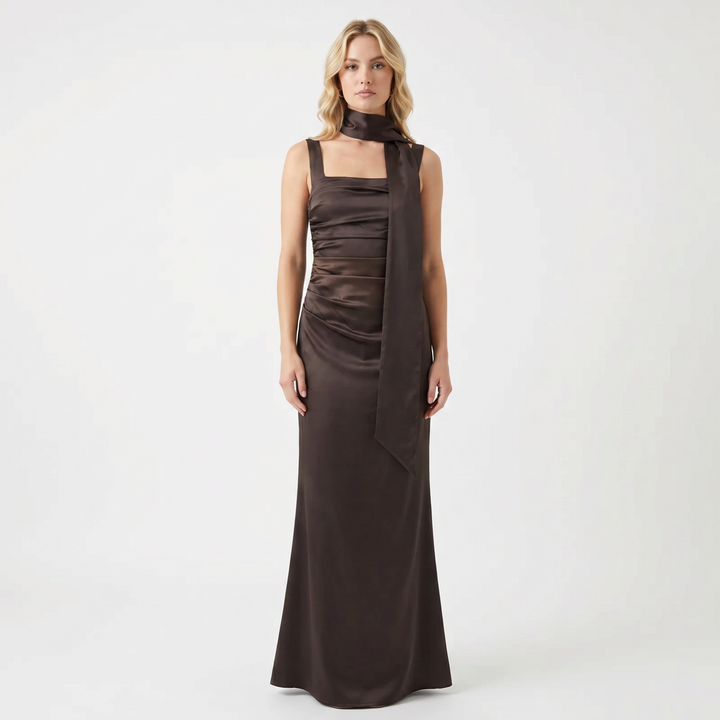 Women's Satin Ruched Maxi Dress Square Neck Sleeveless Tie-Neck Formal Gown