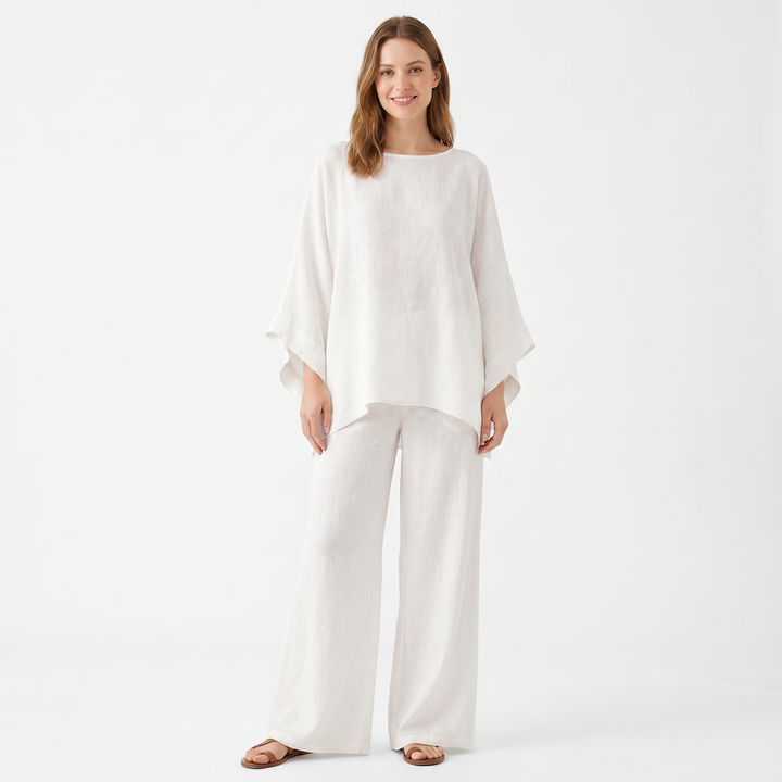 Women's Linen Two-Piece Set Oversized Poncho Top Wide-Leg Pants Casual Loungewear