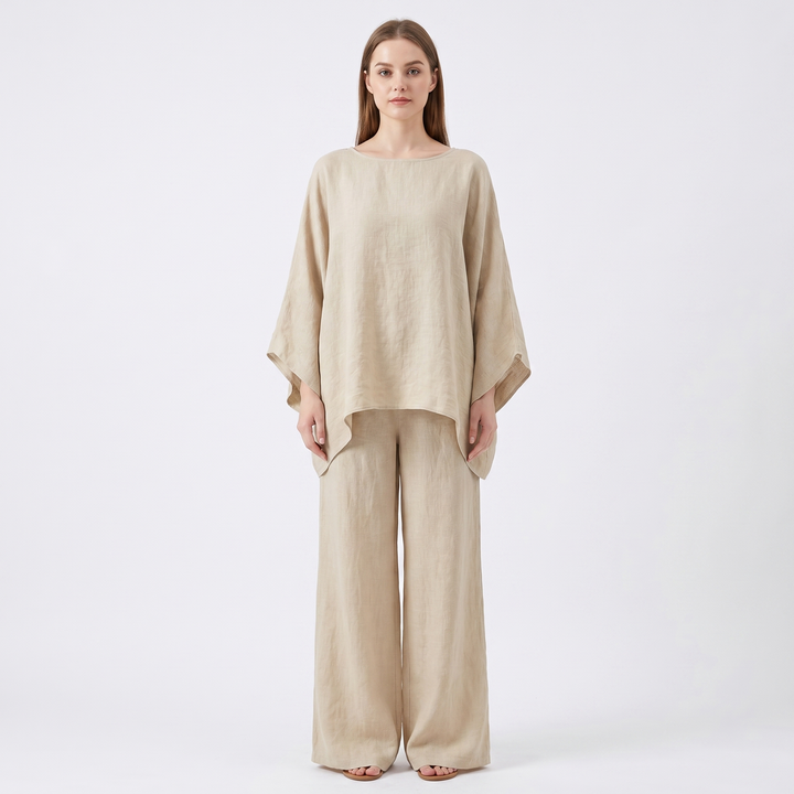 Women's Linen Two-Piece Set Oversized Poncho Top Wide-Leg Pants Casual Loungewear