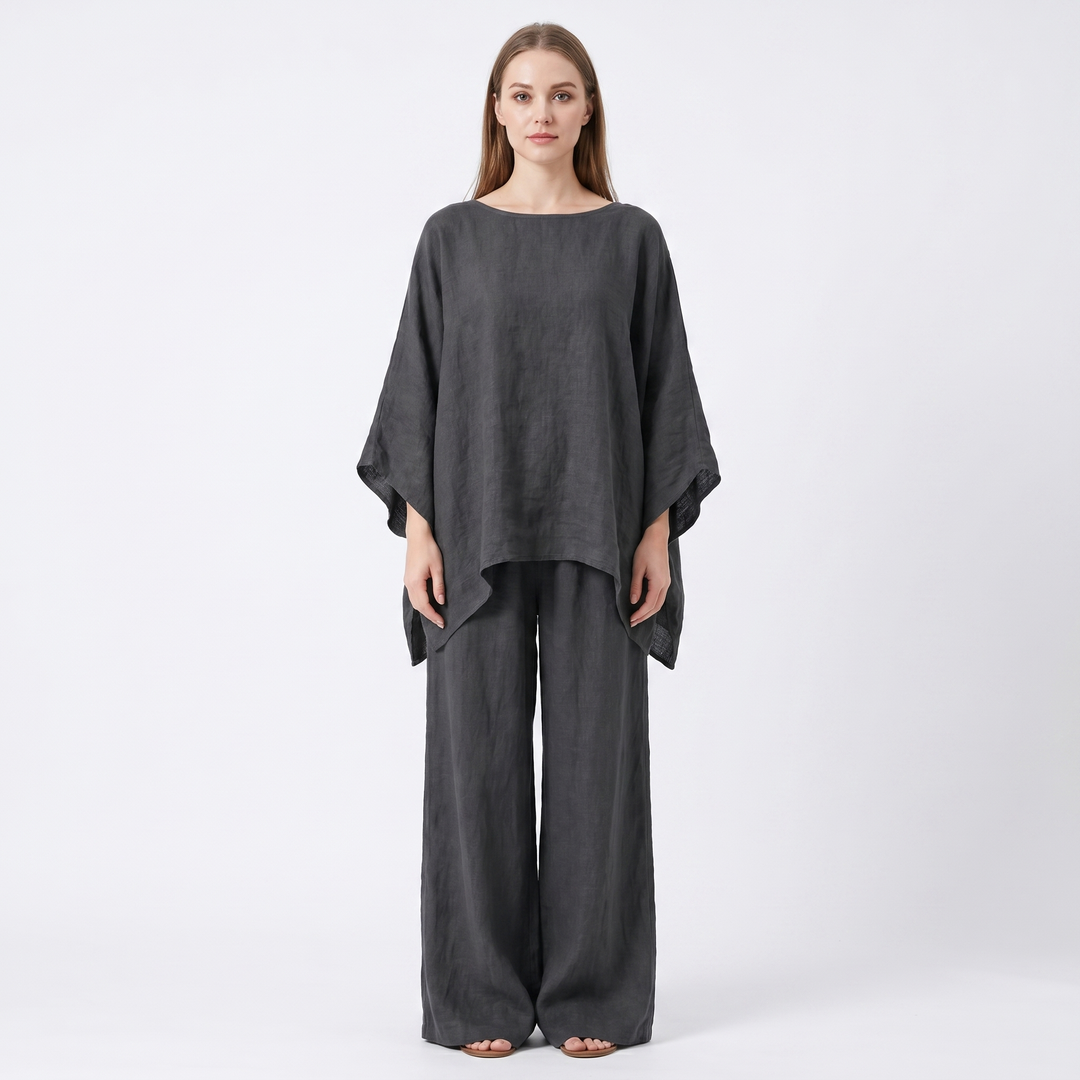 Women's Linen Two-Piece Set Oversized Poncho Top Wide-Leg Pants Casual Loungewear