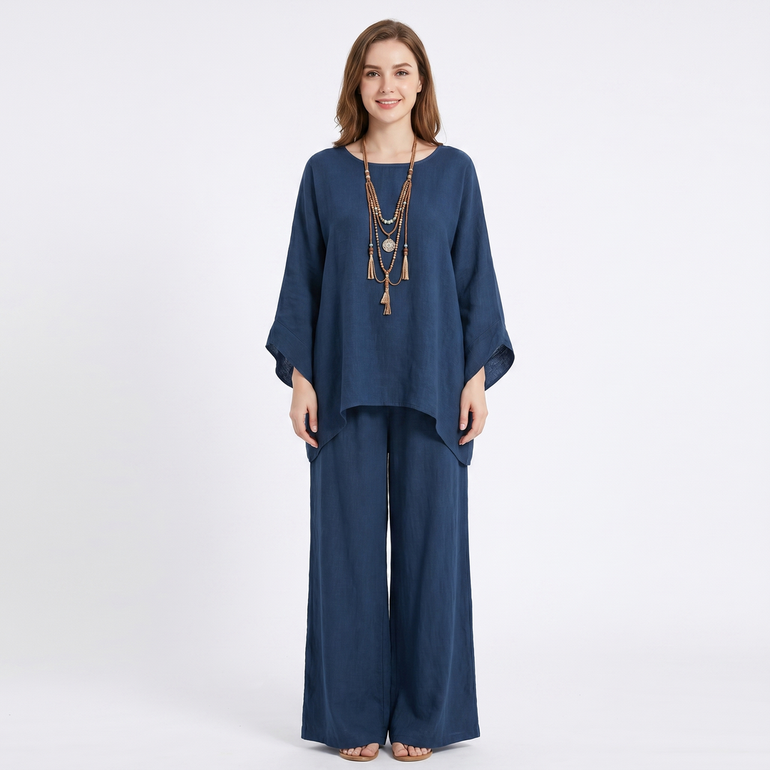 Women's Linen Two-Piece Set Oversized Poncho Top Wide-Leg Pants Casual Loungewear