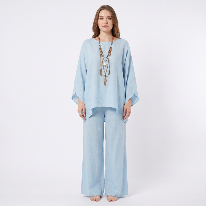 Women's Linen Two-Piece Set Oversized Poncho Top Wide-Leg Pants Casual Loungewear