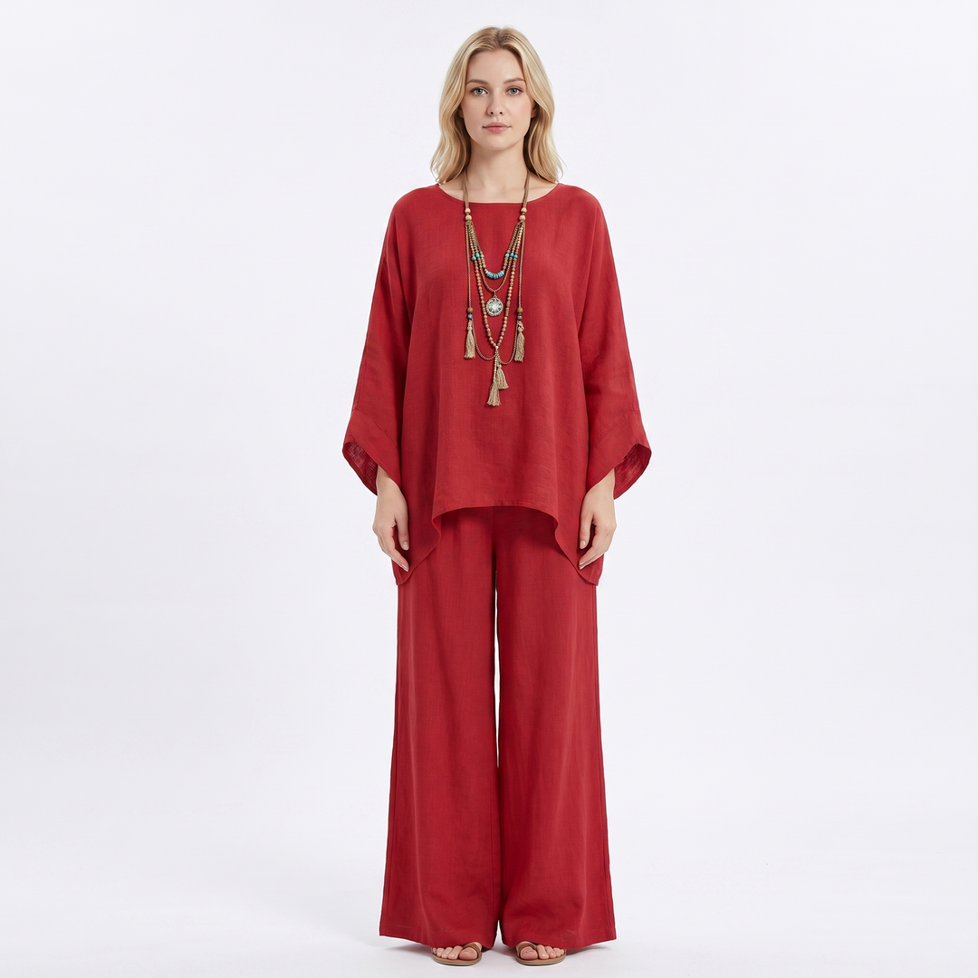Women's Linen Two-Piece Set Oversized Poncho Top Wide-Leg Pants Casual Loungewear