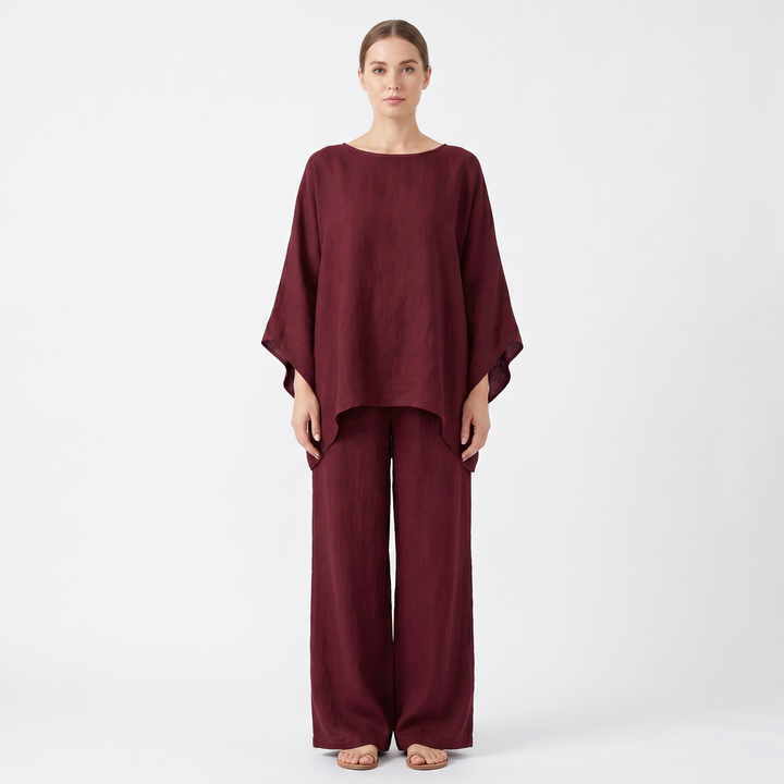 Women's Linen Two-Piece Set Oversized Poncho Top Wide-Leg Pants Casual Loungewear