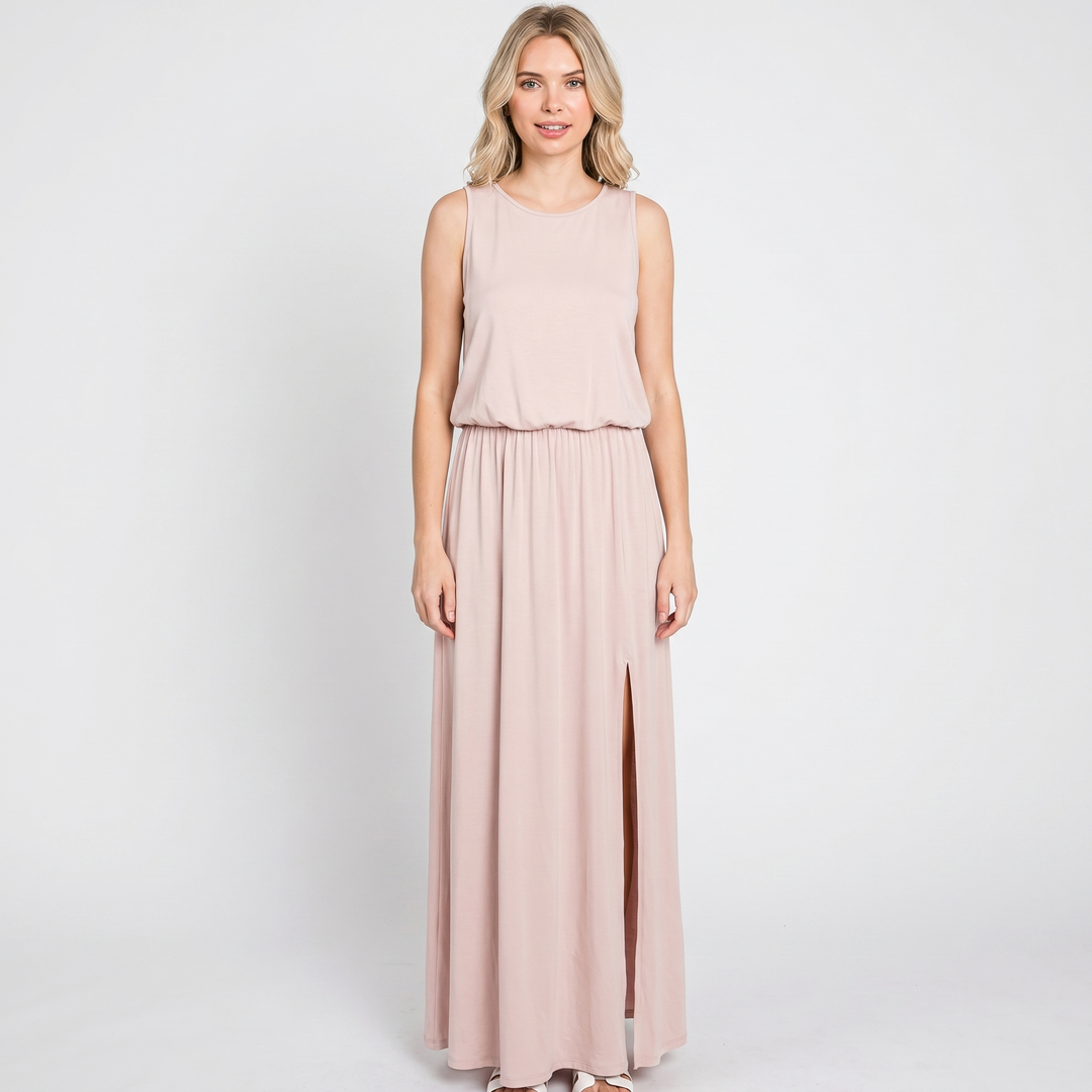 Women's Sleeveless Maxi Dress Elastic Waist Side Split Casual Summer Long Dress