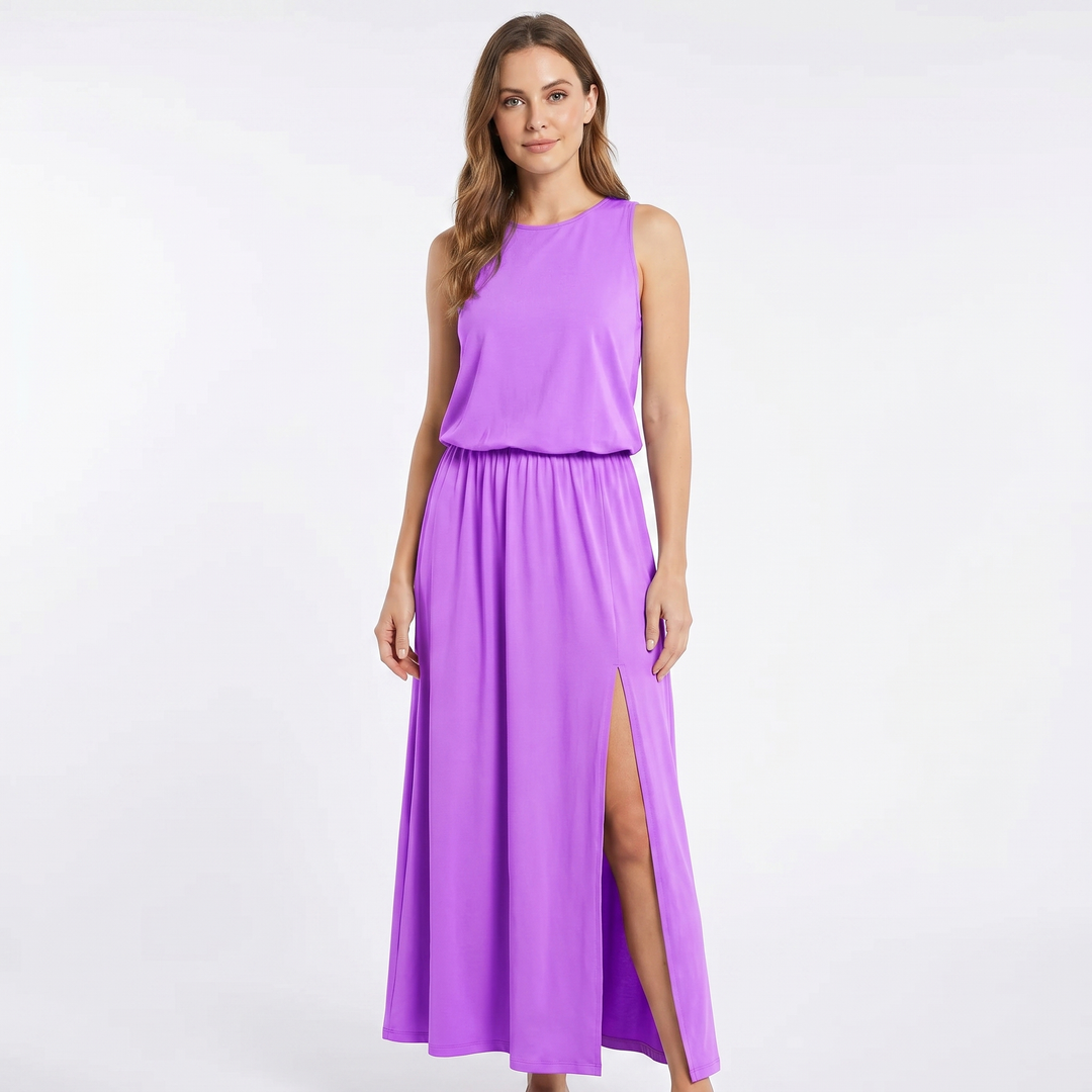 Women's Sleeveless Maxi Dress Elastic Waist Side Split Casual Summer Long Dress