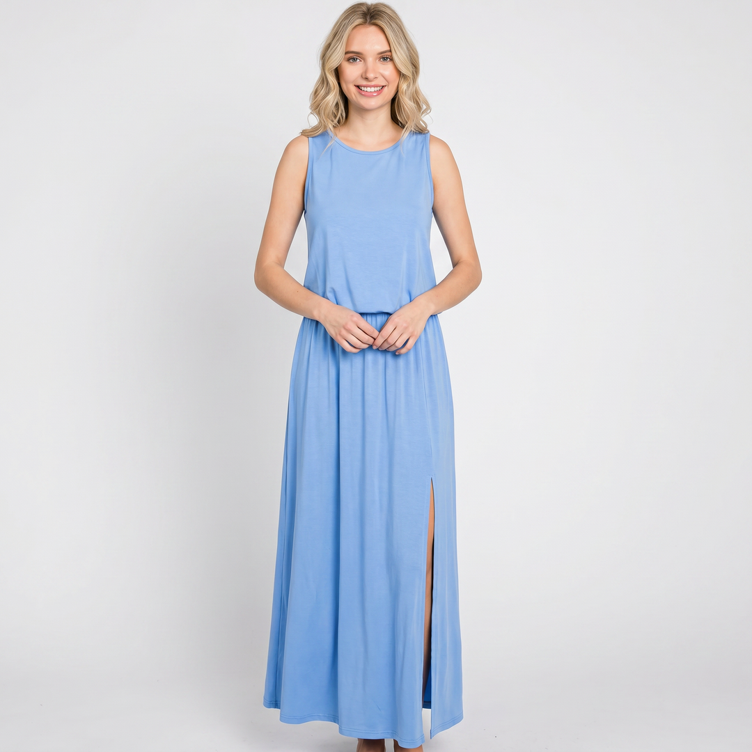 Women's Sleeveless Maxi Dress Elastic Waist Side Split Casual Summer Long Dress
