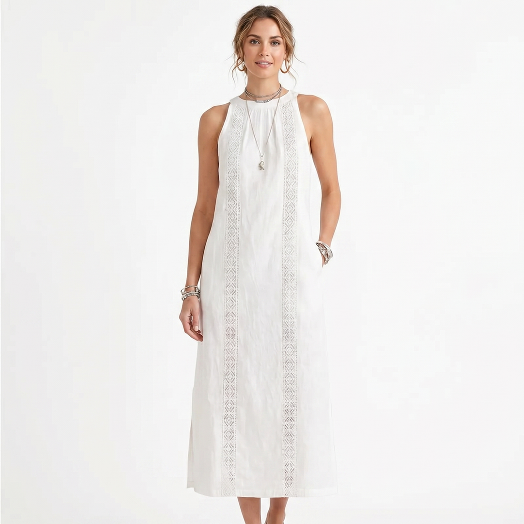 Women's Cotton Linen Halter Neck Maxi Dress Lace Trim Side Split Boho Summer Dress