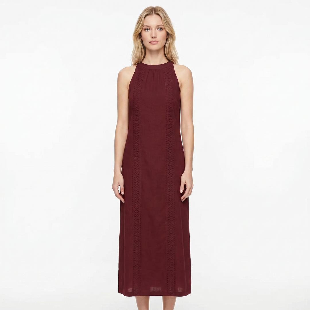 Women's Cotton Linen Halter Neck Maxi Dress Lace Trim Side Split Boho Summer Dress