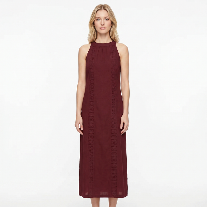 Women's Cotton Linen Halter Neck Maxi Dress Lace Trim Side Split Boho Summer Dress