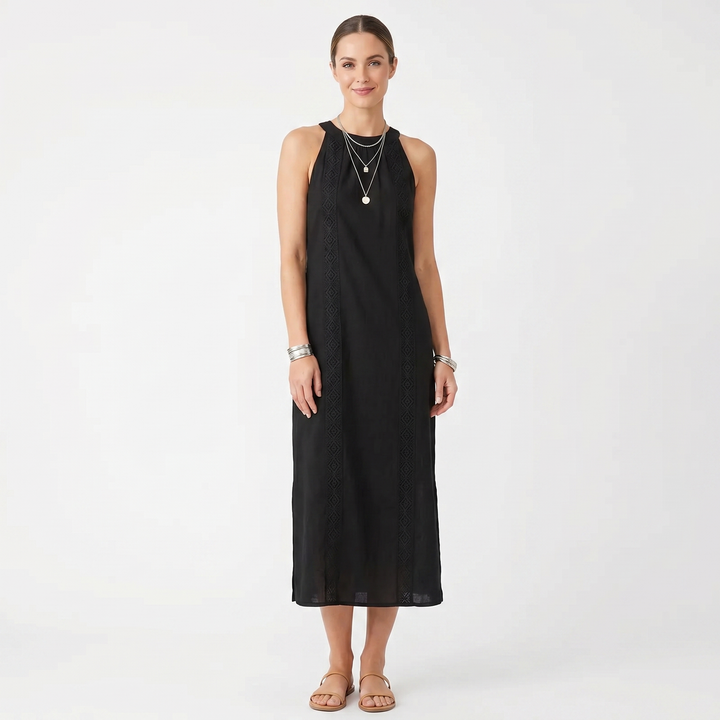 Women's Cotton Linen Halter Neck Maxi Dress Lace Trim Side Split Boho Summer Dress