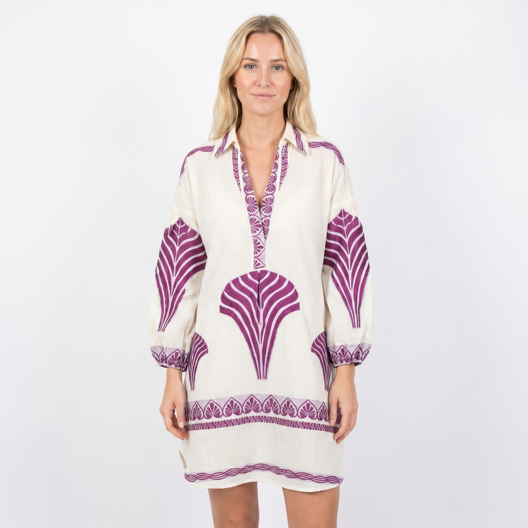 Women's Boho Print Long Sleeve Shirt Dress V-Neck Oversized Casual Mini Dress