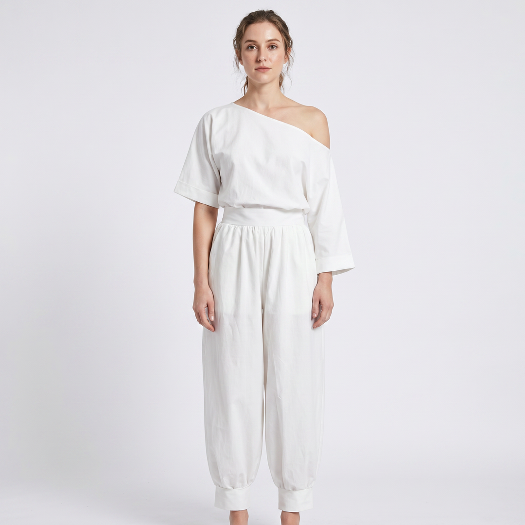 Women's One-Shoulder Jumpsuit Short Sleeve Elastic Waist Harem Leg Casual Playsuit