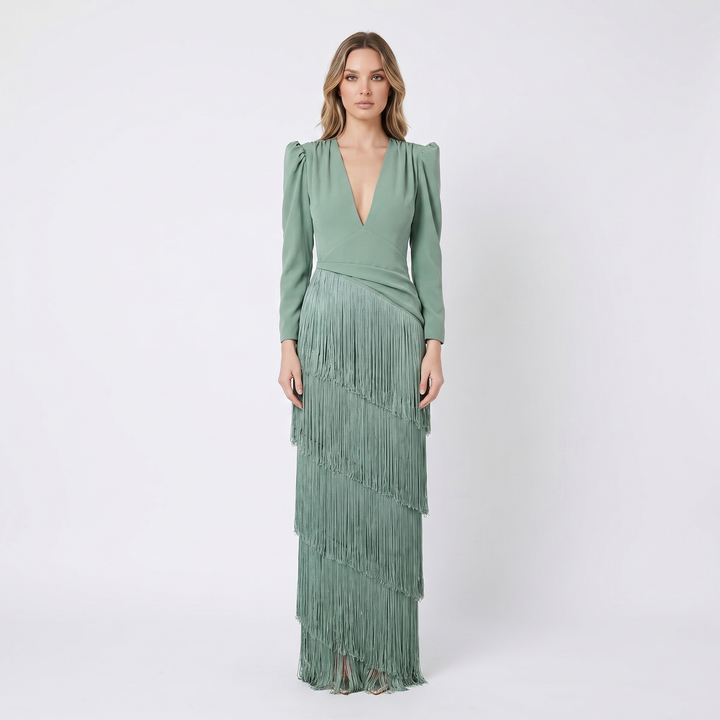 Women's Fringe Tiered Maxi Dress Deep V-Neck Long Sleeve Formal Occasion Gown