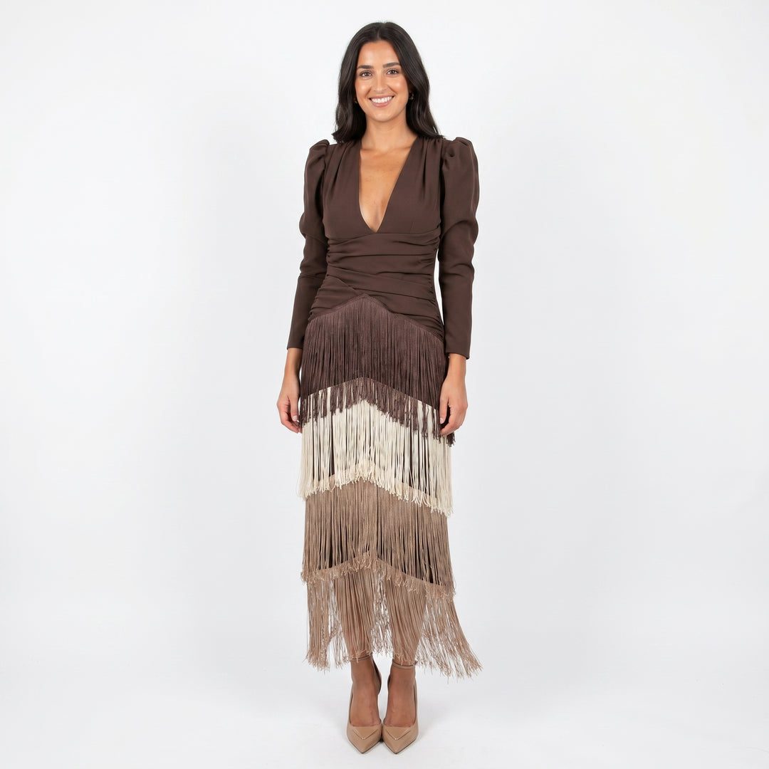 Women's Fringe Tiered Maxi Dress Deep V-Neck Long Sleeve Formal Occasion Gown